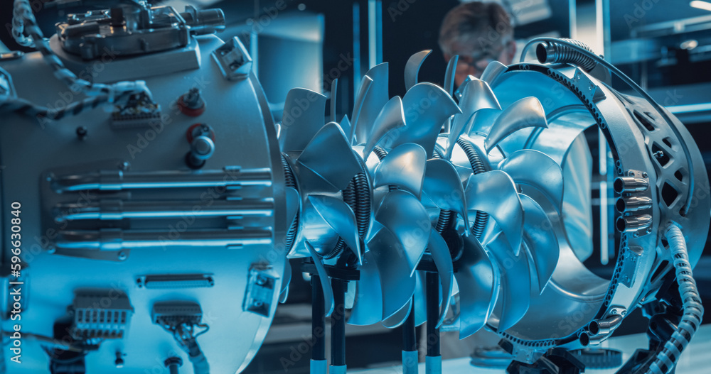 Poster Advanced Futuristic Turbine Engine with Multiple Fans, Wires, Connectors. Jet Engine with Stylish Contemporary Design in Technological Silver Color. Project in Development in Research Laboratory