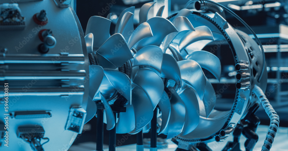 Poster High Tech Futuristic Turbine Engine with Multiple Fans, Wires, Connectors. Jet Engine with Stylish Contemporary Design in Technological Silver Color. Project in Development in Research Laboratory
