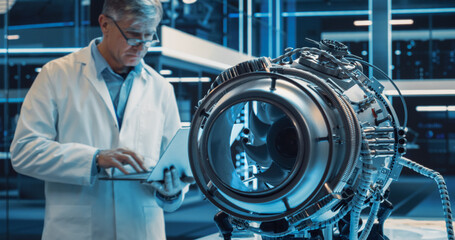 Adult Scientist in Glasses Inspecting a Rotating Fan on an Advanced Turbine Engine. Research and...