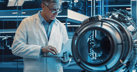 Middle Aged Industrial Engineer Working on a Futuristic Jet Engine, Standing with Laptop Computer...