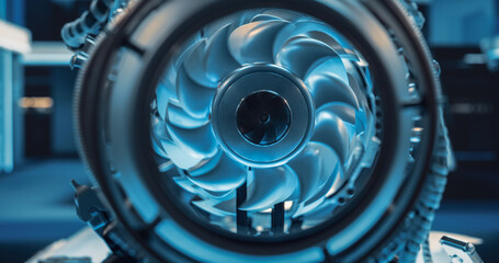 Close Up Photo From the Inside of a Combustion Chamber of an Advanced Futuristic Turbine Engine with a Rotating Fan. Modern Industrial Jet Engine in Research and Development Facility