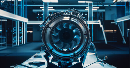 Advanced Futuristic Turbine Engine with a Moving Fan. Modern Industrial Jet Engine in Research and Development Facility. Zoom In Close Up on a Turbofan Engine