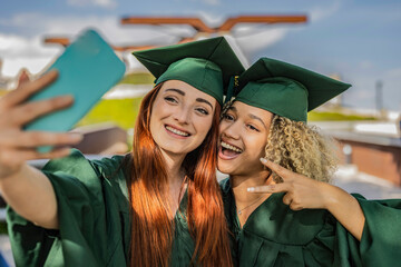 graduation day, two newly graduated multiracial girls take a selfie together with smart phone