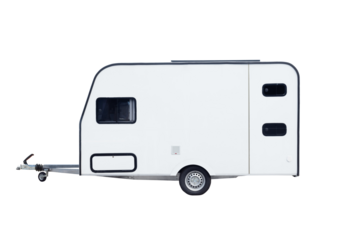 Caravan isolated over white background with clipping path. Full Depth of field. Focus stacking, side view.