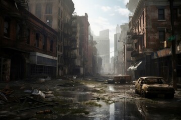 Post apocalyptic New York street. Generate Ai - obrazy, fototapety, plakaty