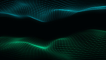 Colors double wave with motion dots and lines. Abstract digital background. Concept connection big data. Futuristic technology backdrop. 3D rendering.