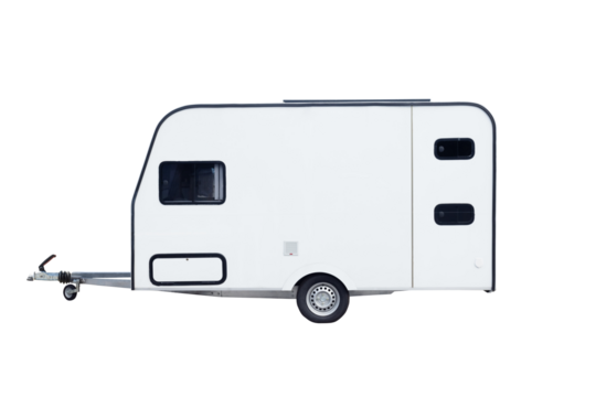 Caravan isolated over white background with clipping path. Full Depth of field. Focus stacking, side view.