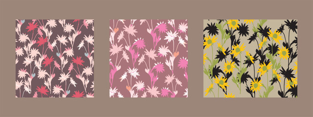 set of three wildflowers pattern background for fashion fabric