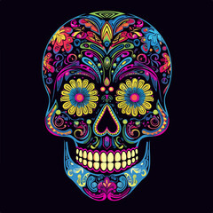 Sugar Skulls. Day of the Dead Skull, isolated on black background. Dia de los Muertos. Mexican sugar skull. Design for logo, emblem, sign, poster, card, banner. Color	