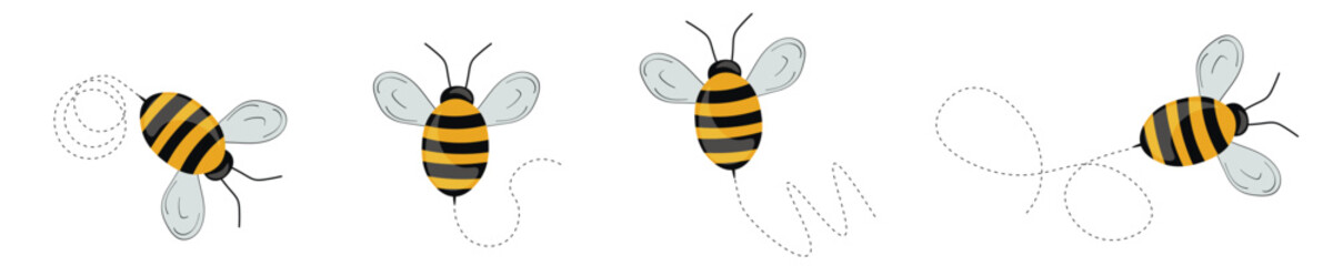 Set of cartoon bee mascot. A small bees flying on a dotted route. Wasp collection. Vector characters. Incest icon. Template design for invitation, cards. Doodle style