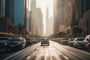 A busy street in Dubai lined with towering skyscrapers during daylight. Generative AI