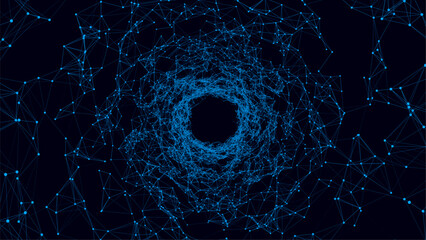 Vector cyber futuristic speed tunnel. Sci-fi wormhole. Abstract 3D wireframe portal with connections lines and dots. Data flow. Technology grid funnel.