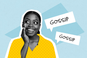 Collage creative image of young girl gossips makers hand cheek speaking look empty space lying...