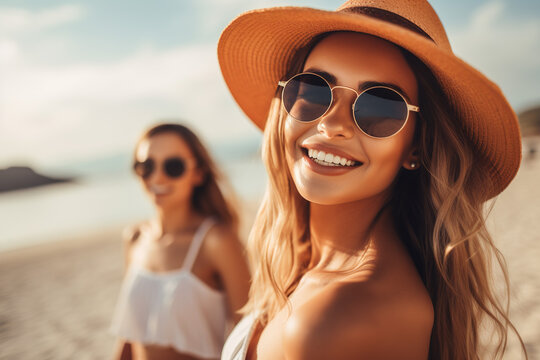 Pretty woman in summer, in the sun, wearing sunglasses and a hat. generate by ai