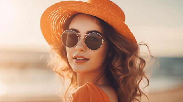 Pretty woman in summer, in the sun, wearing sunglasses and a hat. generate by ai
