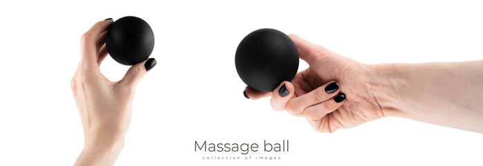 Massage black ball in female hand for trigger points isolated on a white background. Concept of...
