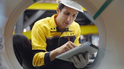 Industrial worker hispanic latina man in uniform and helmet holding tablet checking quality inside...