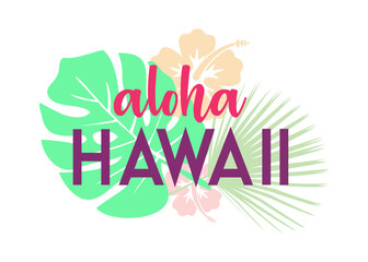 Destino de vacaciones. Logo aislado con texto manuscrito Aloha Hawaii con silueta de plantas tropicales
