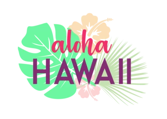 Fototapeten Destino de vacaciones. Logo aislado con texto manuscrito Aloha Hawaii con silueta de plantas tropicales © teracreonte