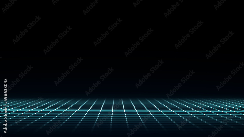 Poster technology perspective grid. digital space wireframe landscape. blue mesh on a black background. 3d 
