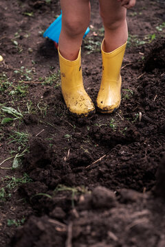 Earth Day Activities For Kids. Small Kid Wearing Yellow Gumboots Playing In The Dirt On Backyard, Kid Gardening In Greenhouse