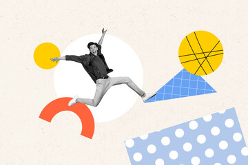 Creative abstract template graphics collage image of funny funky guy jumping having fun isolated colorful background