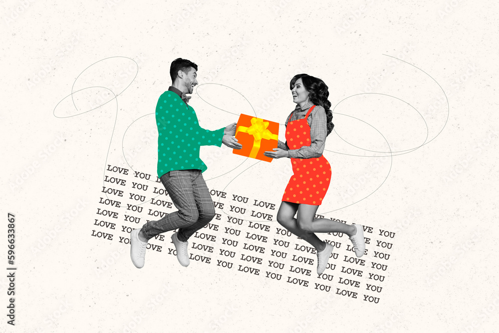 Poster artwork minimal ad collage template of young couple lovers jumping anniversary woman receive gift bo