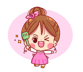 Cheerful girl holding a spatula cooking chef mascot character cartoon logo vector art illustration