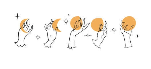 Hand drawn vector abstract outline,graphic,line art magic human hand with moon and stars logo in minimalistic modern style.Moon and stars sign outline design concept.Outline moon silhouette isolated.