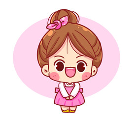 Cute girl greeted with a polite gesture. mascot character cartoon logo vector art illustration