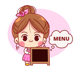 Cute girl with menu sign food restaurant mascot character cartoon logo vector art illustration