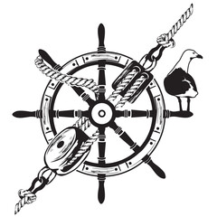 Illustration maritim mit Steuerrad, Tampen, Möwe und Anker