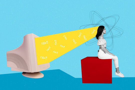 Collage of young woman watch computer display zombie fakes about war in ukraine controlled stupid fakes isolated on blue background