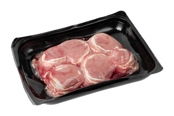 Raw meat in vacuum sealed package on white background