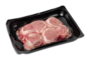 Raw meat in vacuum sealed package on white background