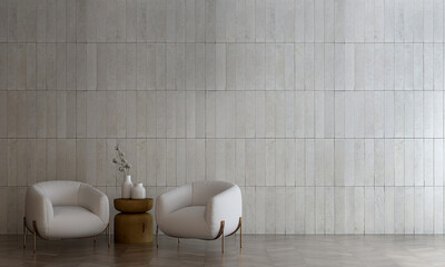 Modern minimal living room and white furniture decor and brick wall texture background interior design