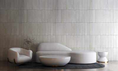 Fototapeta na wymiar Modern cozy living room and white furniture decor and brick wall texture background interior design
