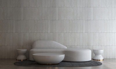 Minimal living room and white furniture decor and brick wall texture background interior design