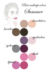 Best makeup colors for summer type of appearance. Seasonal color analysis palette. Face of a smiling attractive beautiful elderly woman.