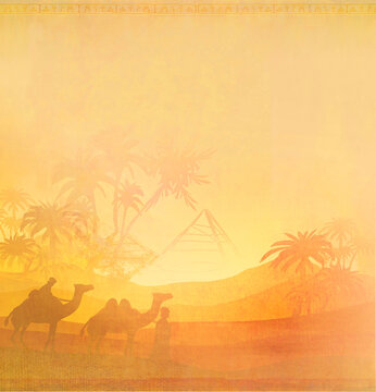 Bedouin camel caravan in wild africa landscape - artistic grunge card