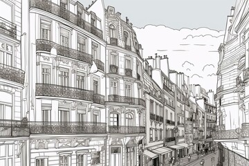 Line-style urban Paris illustration for coloring with city background. Generative AI