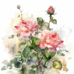 flower rose with green leaves, art illustration painted with watercolors isolated on white background, generative ai