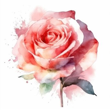 flower rose with green leaves, art illustration painted with watercolors isolated on white background, generative ai