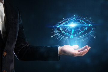 Concept of Strategic orientation in business or marketing. Purpose and direction in business. Compass in the hands of a businessman