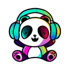 Happy Panda Bear with headphones listening to music. Kawaii style.