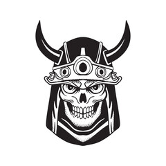 A skull samurai with a viking helmet and horns.