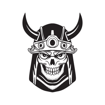 A skull samurai with a viking helmet and horns.