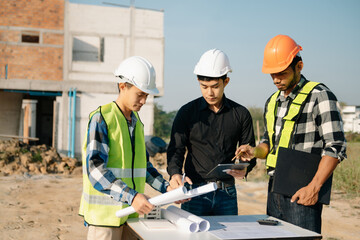 Handsome young man team architect on a building industry construction site