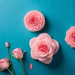 pink roses on the blue background