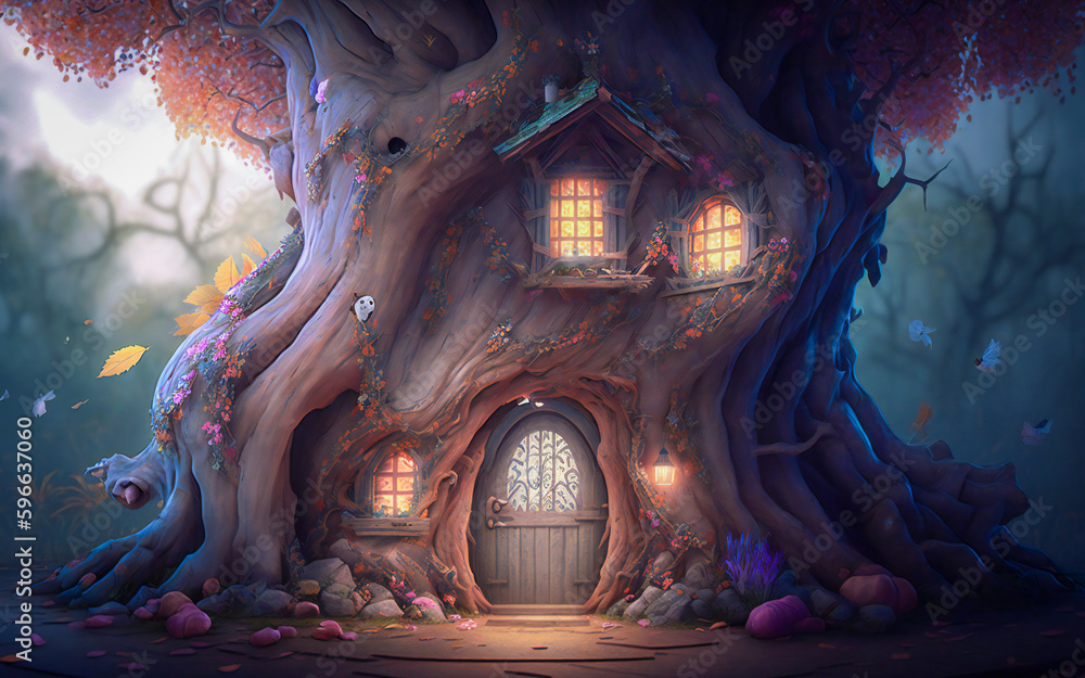 Poster tree fairy house. created with generative ai technology.